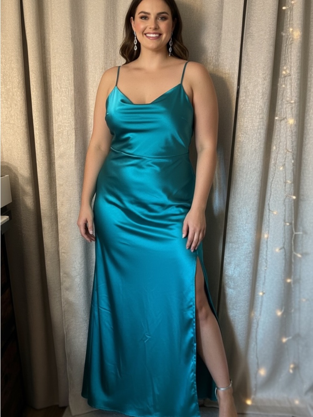 Lulu's Teal Satin Cowl Neck Slip Maxi Dress with Side Slit